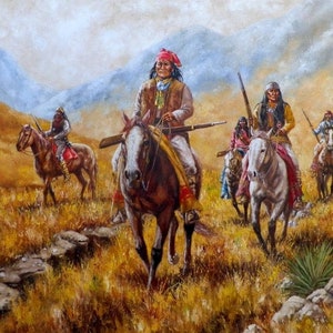 May include: A painting depicting a group of Native American men on horseback riding through a grassy field. The men are wearing traditional clothing and carrying rifles. The background features a mountain range in the distance.