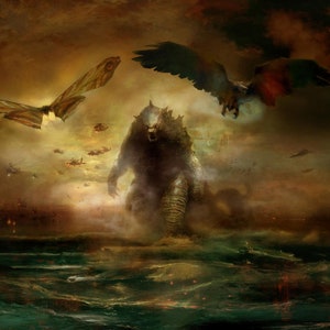 May include: A large, green monster stands on a rocky shore with a dark, stormy sky above.  A large moth and a bird of prey fly overhead.  The monster has a large mouth and sharp teeth.  The sky is filled with smoke and debris.