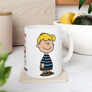 Può includere: Tazza in ceramica bianca con un personaggio dei cartoni animati con i capelli biondi e una camicia a righe. La tazza ha un manico e poggia su un sottobicchiere beige. Testo e altri personaggi dei cartoni animati sono visibili sul lato.