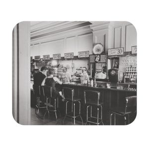 Elvis Having Grill Cheese at Diner Mouse Pad | Retro Office Decor, Gift for Him, Home Workspace, Black and White Art, Computer Accessory,