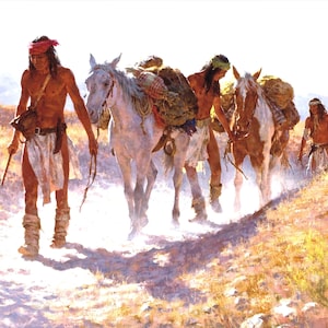 May include: An oil painting depicting three individuals with long dark hair, wearing light-colored loincloths and headbands, walking through a dusty landscape. They lead two horses laden with various packs and supplies under bright sunlight.