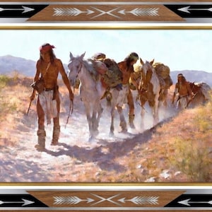 May include: A framed print depicting a group of Native Americans and horses traveling through a desert landscape. The artwork features a man in the foreground leading the way, with others following on horseback. The frame has a decorative arrow design.