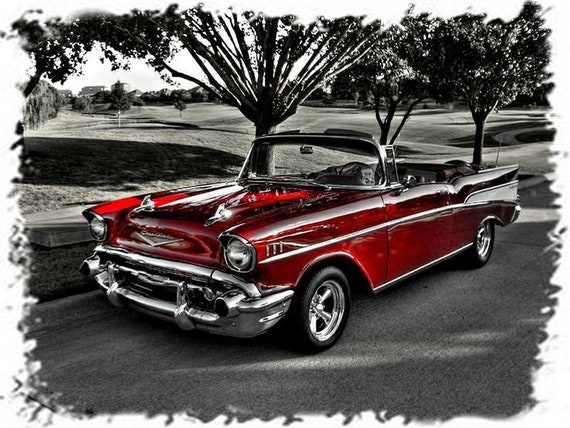 1955 Chevy Bel Air Hard Top Classic Red Vintage Car Framed Wall Decor Picture