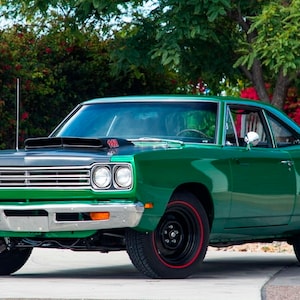 May include: A green 1969 Plymouth Road Runner muscle car with a black hood and red racing stripes on the tires. The car is parked on a paved surface in front of a green bush.
