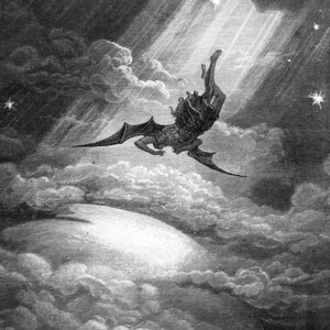 May include: A black and white illustration of a winged figure falling from the sky, surrounded by clouds and stars. The figure is depicted with a long, flowing robe and wings, and is falling headfirst towards the ground.