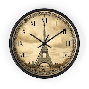 Relógio de parede Torre Eiffel estilo antigo, decoração parisiense com numerais romanos, estilo casa de campo francesa.