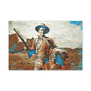Puede incluir: Pintura al óleo de un vaquero con sombrero y camisa marrones, sosteniendo un rifle. El vaquero está en un paisaje desértico con cielo azul. La pintura tiene un estilo artístico vintage.