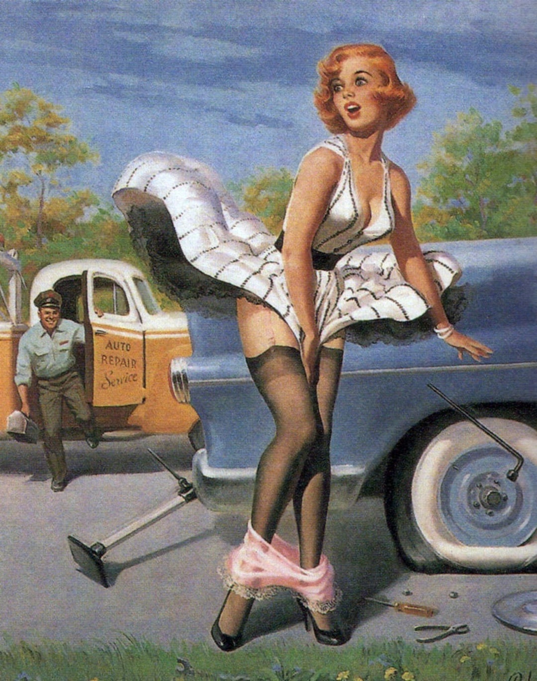 Vintage Pinup Girl Damsel in Distress Car Troubles Art Print 12x18