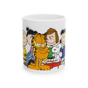 Peanuts Characters with Garfield the Cat Mug Cartoon, Fun Gift Birthday Gift