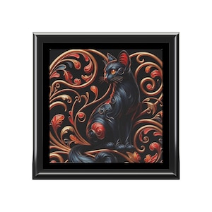 Art Elegant Black Cat  Box with Floral Design, Cat Lover Gift, Keepsake Storage, Organizer for Accessories, Unique Home Decor