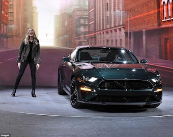 Auto Ford Mustang Mustang 2019 Mustang Steve McQueen's kleindochter Molly en BULLITT op 13 x 19 inch glanzende foto. Klassieke auto
