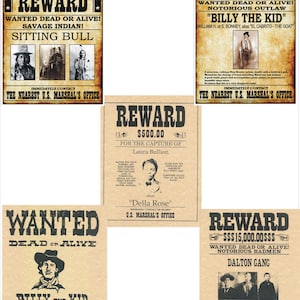 5 Old West Cowboy WANTED POSTERS Billy the Kid, Sitting Bull, Dalton Gang