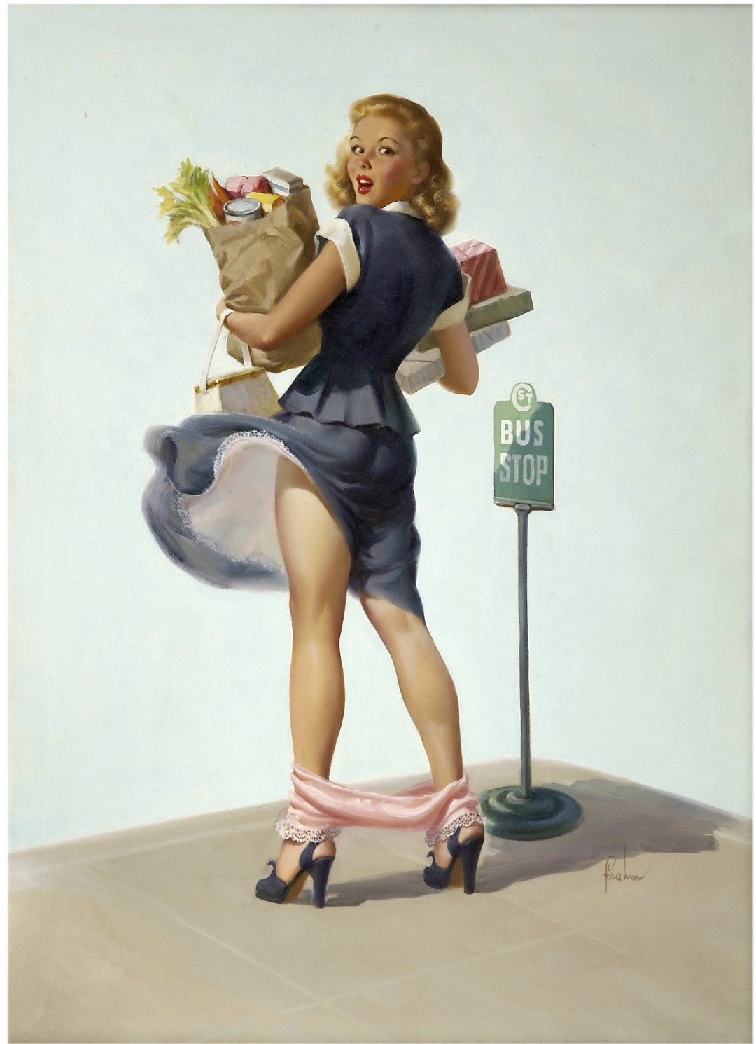 Vintage Pinup Girl Damsel in Distress Bus Stop Woe's Art Print 12x18