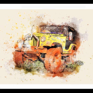 May include: A yellow jeep with a black top and a white bumper is driving through a muddy field. The jeep is covered in dirt and water splashes. The background is a blurred watercolour effect.