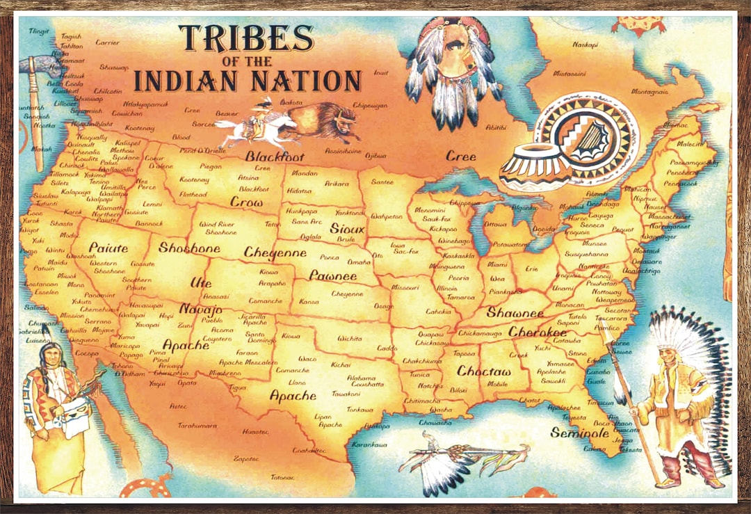 Vintage TRIBAL MAP Native Americans of North America Art Print 13 X 19 ...