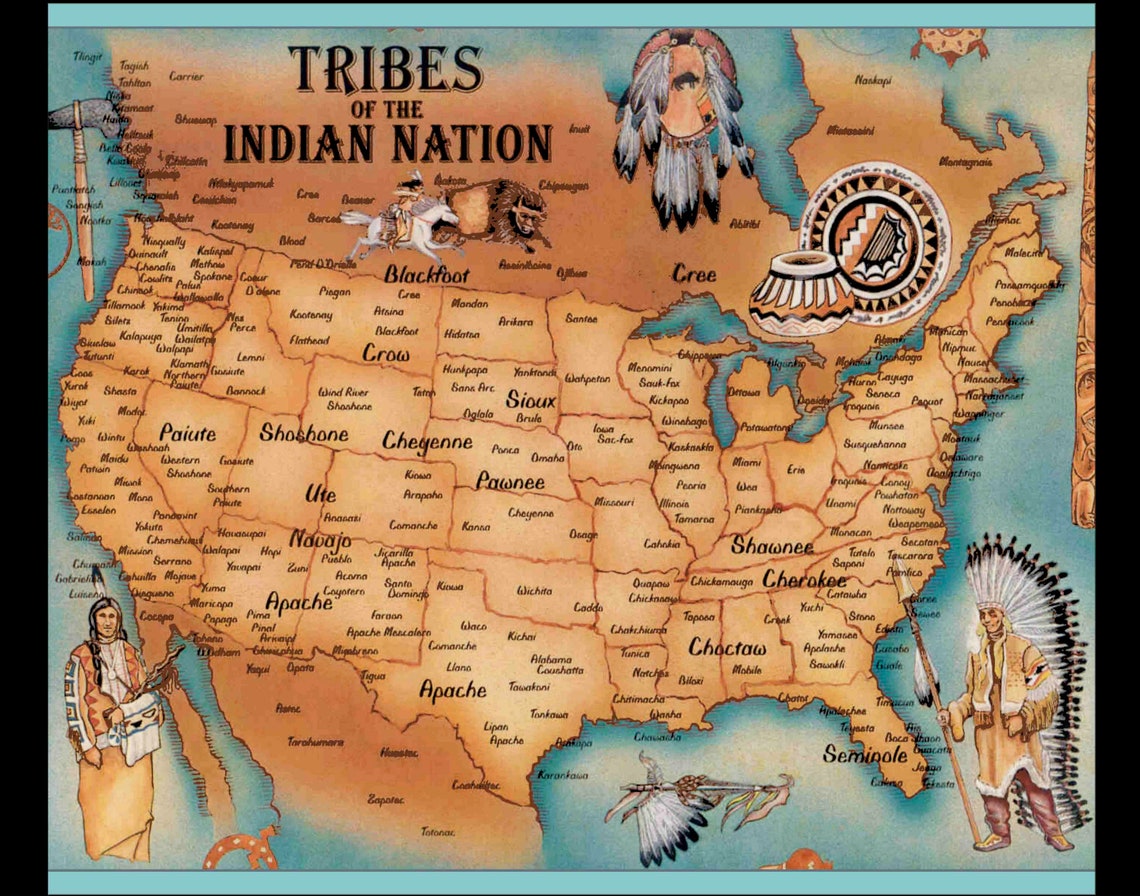 Vintage TRIBAL MAP Native Americans of North America Art Print Etsy
