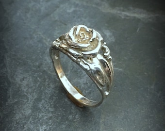 Sterling Silver Rose Ring with Large Leaves