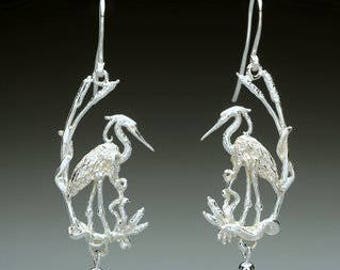 Sterling Silver Heron Earrings with Freshwater Pearl