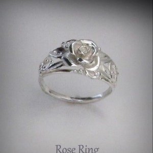 Sterling Rose Ring with Leaves & Scrolls
