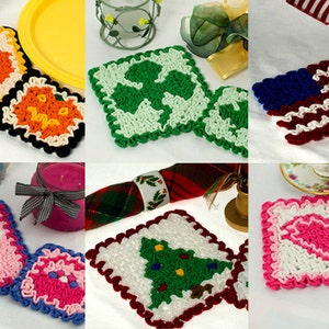 May include: Set of crocheted coasters with various holiday themes, including a pumpkin, shamrock, American flag, Christmas tree, and heart. Each coaster is made with white and colored yarn, creating a textured and decorative design.