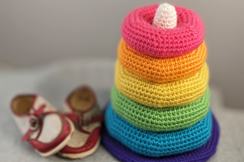 Rainbow Stacking Rings crochet pattern listing photo by TheCrochetArchitect