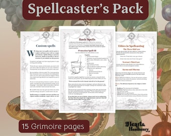 Può includere: Un pacchetto di download digitale per incantatori, con tre pagine con informazioni su incantesimi personalizzati, incantesimi di base ed etica nell'incantesimo. Le pagine sono decorate con un'estetica vintage e presentano illustrazioni di un mortaio e un pestello, un cerchio e una farfalla.