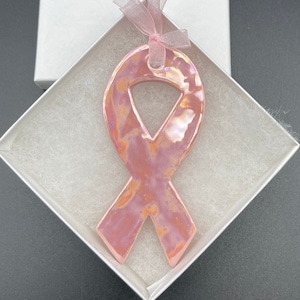 Breast Cancer Ribbon ornament, handmade ceramic, iridescent pink ribbon ornament, by Fabulousfungi