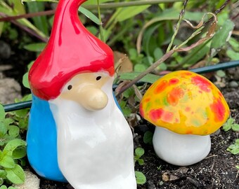 Gnome with one ceramic toadstool. Handmade, ceramic art. Fabulous fungi. Gnomes, ceramic garden gnome by Fabulousfungi G32