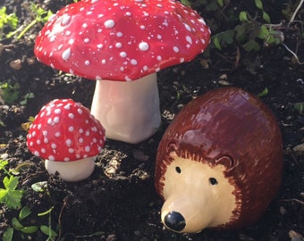 Two handmade ceramic toadstools, with an adorable ceramic hedgehogs. Fabulous Fungi  Garden decoration, ceramic art, by Fabulousfungi