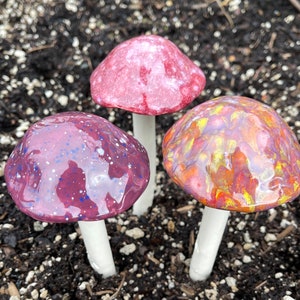 Three medium ceramic mushrooms; colorful garden art, fairy garden decor, magical mushrooms by Fabulousfungi.