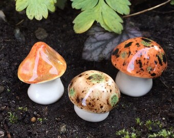 Fairy mushrooms -Fabulous Fungi. Three hand crafted ceramic toadstools OOAK gifts ready to ship now. By Fabulousfungi - T259