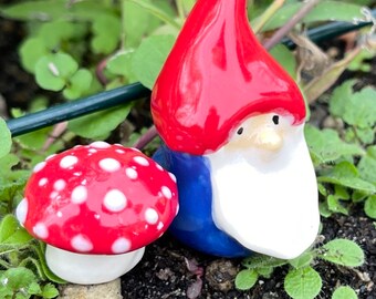 TINY Gnome with one ceramic toadstool. Handmade, ceramic art. Fabulous fungi. Gnomes, ceramic garden gnome by Fabulousfungi G28
