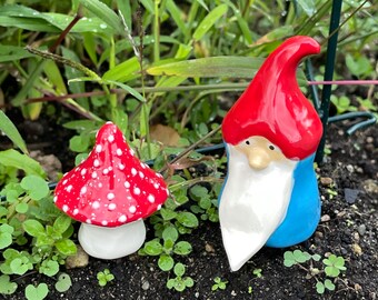 Gnome with one ceramic toadstool. Handmade, ceramic art. Fabulous fungi. Gnomes, ceramic garden gnome by Fabulousfungi G22