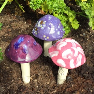 Three hand crafted ceramic mushrooms. Fabulous Fungi, one of a kind gifts made with love by Fabulousfungi