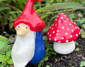 Gnome with one ceramic toadstool. Handmade, ceramic art. Fabulous fungi. Gnomes, ceramic garden gnome by Fabulousfungi G26