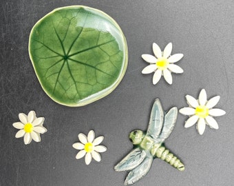 Ceramic mosaic lily pad, flower and dragon fly  tiles, handmade by Fabulousfungi-Alex Gardner.