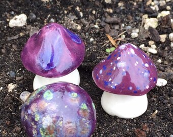 Fairy mushrooms -Fabulous purple Fungi. Three hand crafted ceramic toadstools by Fabulousfungi - T351