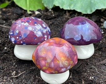 Fairy mushrooms -Fabulous purple Fungi. Three hand crafted ceramic toadstools by Fabulousfungi - T473