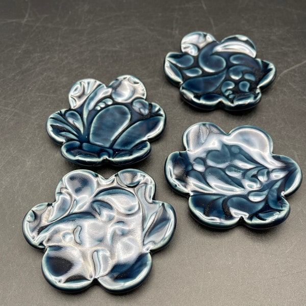Ceramic flower plates. Set of four small handmade ceramic dishes. Ring dish, tea bag holder, chopstick rest, knife rest, tea light holder