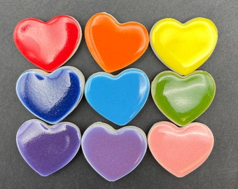 Mosaic hearts, set of nine small  ceramic hearts in a rainbow of colors, heart tiles handmade by Fabulousfungi