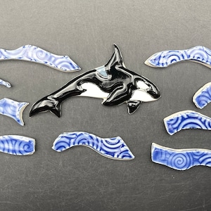 Ceramic mosaic orca whale tile, and blue wave tiles. Handmade orca tile by Fabulousfungi. O16