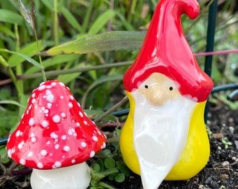 Gnome with one ceramic toadstool. Handmade, ceramic art. Fabulous fungi. Gnomes, ceramic garden gnome by Fabulousfungi G24