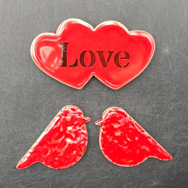 Two little lovebird ceramic mosaic tiles and one love heart tile. Bird tiles handmade by Fabulousfungi