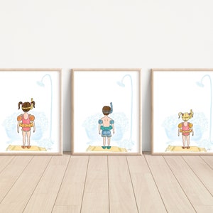 Set of 3 Kids Bathroom Prints - Personalized Children's Washroom Art - Art for Kids Bathroom - Simple Kids Bathroom Drawings