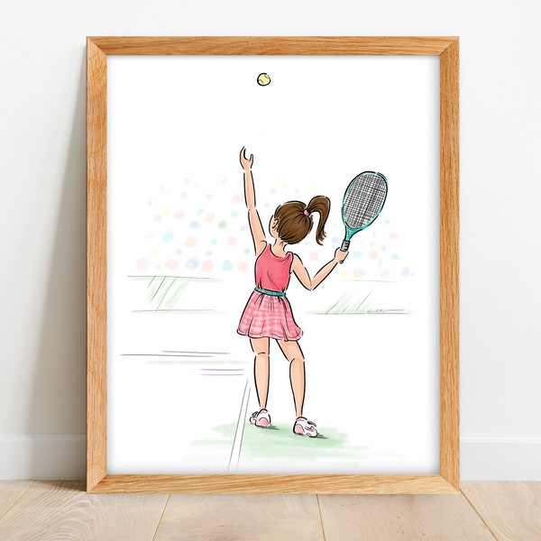 Girl Playing Tennis - Tennis Art Print - Woman Serving - Tennis Player Gift - Tennis Court Drawing - Tennis Ball and Racket Artwork - Coach