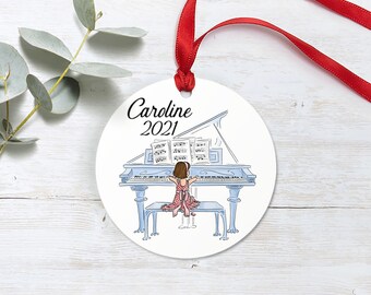 Girls Piano Ornament - Custom Ceramic Ornament - Girl Playing Piano - Music Teacher Gift - Grand Piano - Musician Ornament