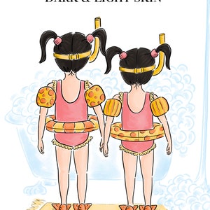 May include: Illustration of two children wearing pink swimsuits, arm floaties, and inflatable rings. They are holding hands and wearing yellow snorkels. The text "DARK & LIGHT SKIN" is at the top of the image.