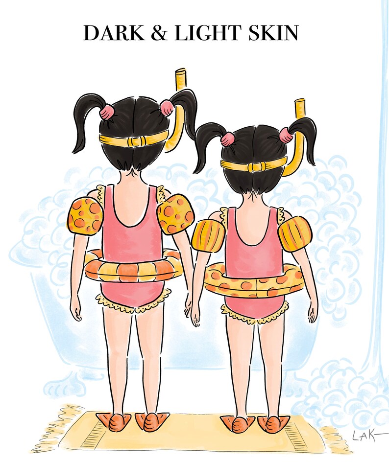 May include: Illustration of two children wearing pink swimsuits, arm floaties, and inflatable rings. They are holding hands and wearing yellow snorkels. The text "DARK & LIGHT SKIN" is at the top of the image.