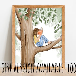 May include: A framed illustration depicts a person reading a book while sitting on a tree branch. The person wears a yellow shirt and blue jeans. The artwork is in a wooden frame, with the text "GIRL VERSION AVAILABLE TOO" at the bottom.