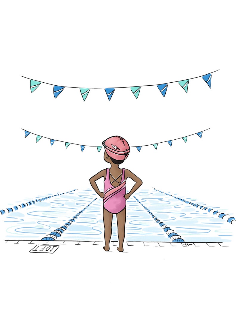 May include: Illustration of a person in a pink swimsuit and swim cap standing at the edge of a swimming pool. The pool has lane markers and the text "10FT" is visible. Blue and teal pennant banners hang above.